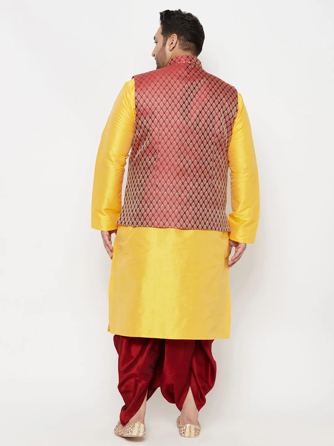 VASTRAMAY PLUS Men's Maroon Nehru Jacket Yellow Kurta Maroon Dhoti Set