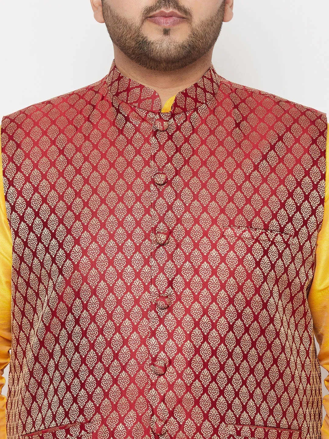 VASTRAMAY PLUS Men's Maroon Nehru Jacket Yellow Kurta Maroon Dhoti Set