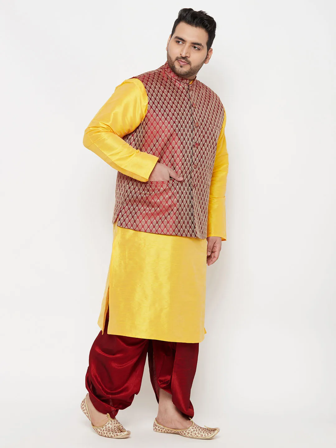 VASTRAMAY PLUS Men's Maroon Nehru Jacket Yellow Kurta Maroon Dhoti Set