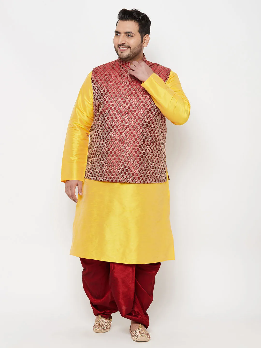 VASTRAMAY PLUS Men's Maroon Nehru Jacket Yellow Kurta Maroon Dhoti Set