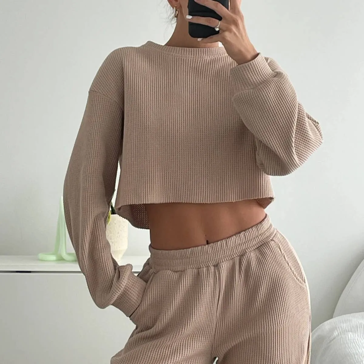 Waffle crop top and wide leg pant set.