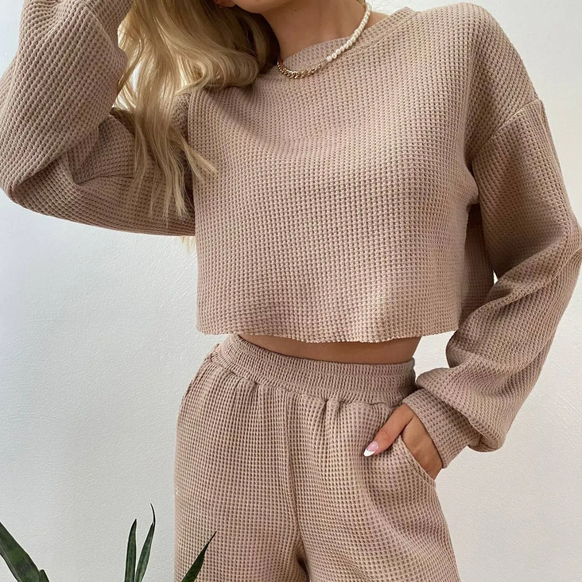 Waffle crop top and wide leg pant set.