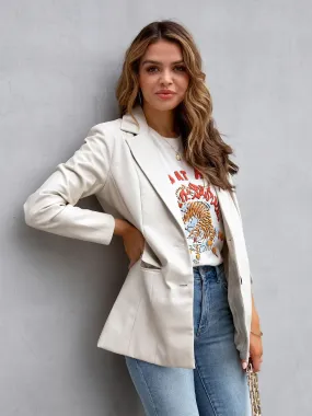 White Faux Leather Blazer Jacket Women Solid Color Casual Outerwear Spring Fall