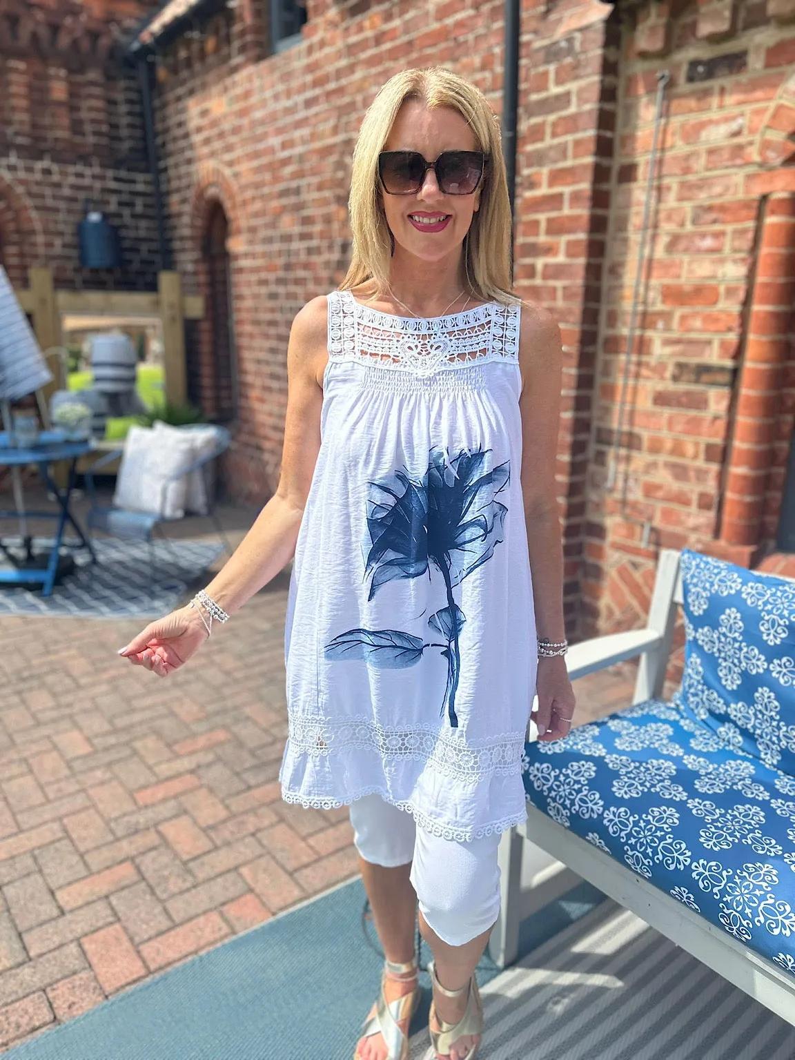 White Navy Crochet Detail Floral Print Dress Mandy