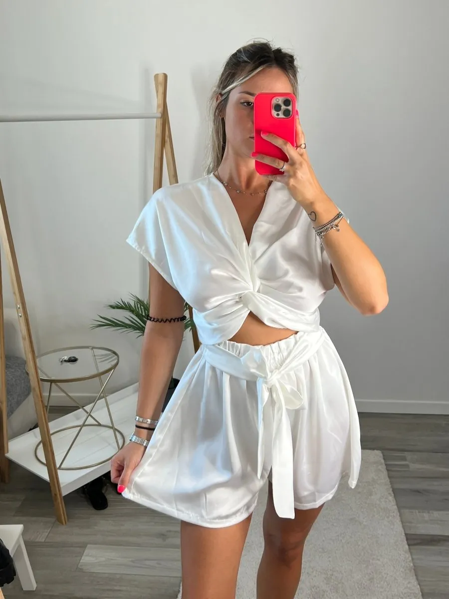 White satin effect shorts