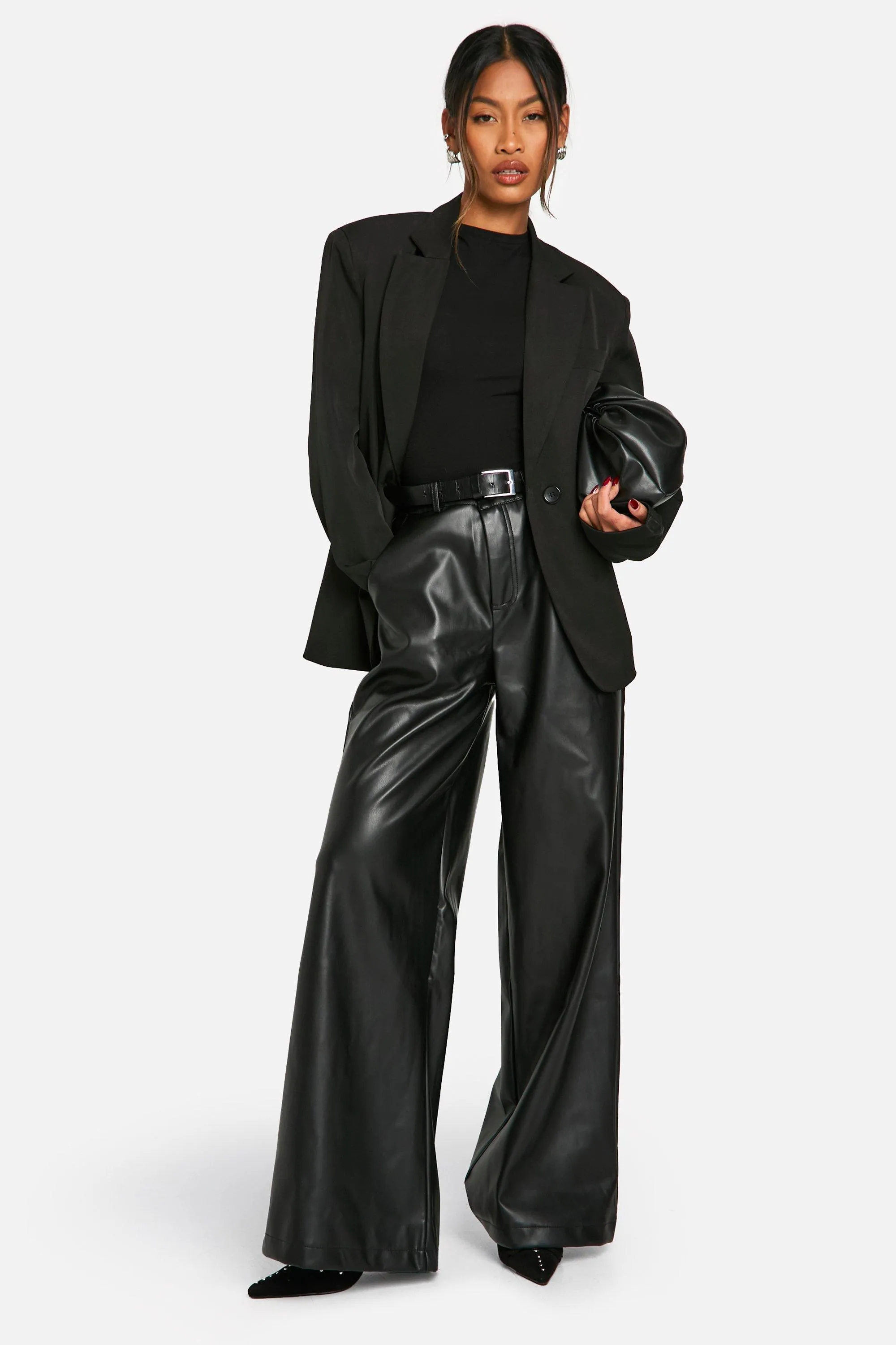 Wide Fit Leather Look Trousers by boohoo