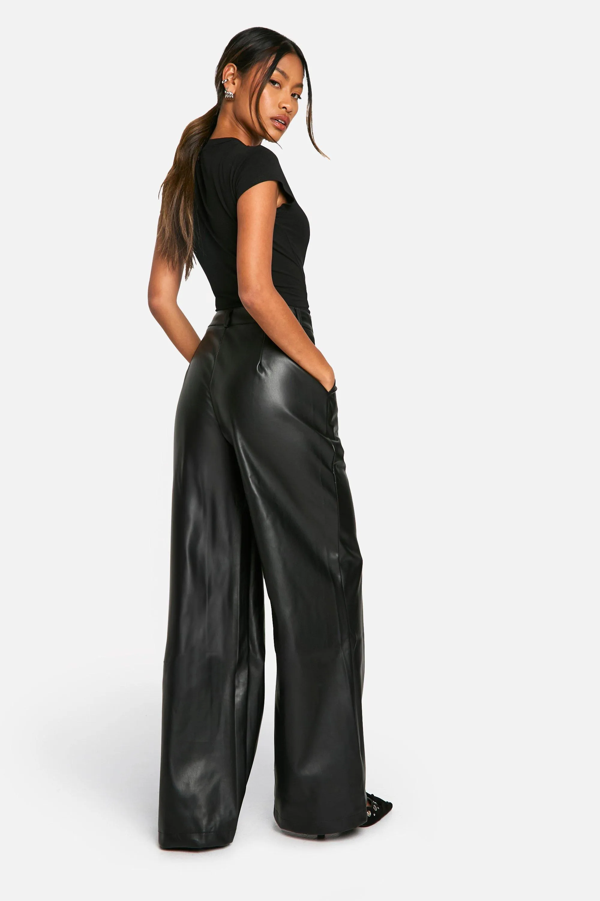 Wide Fit Leather Look Trousers by boohoo