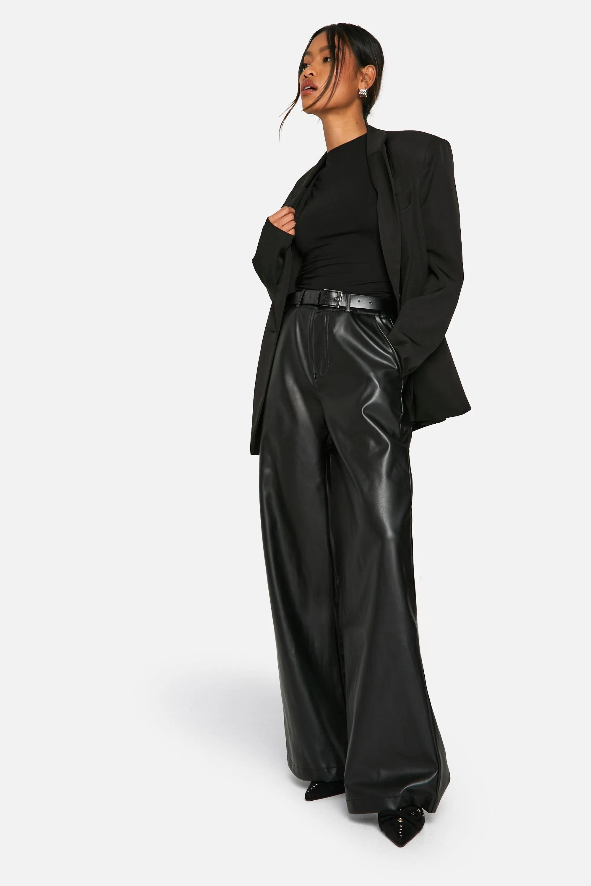 Wide Fit Leather Look Trousers by boohoo