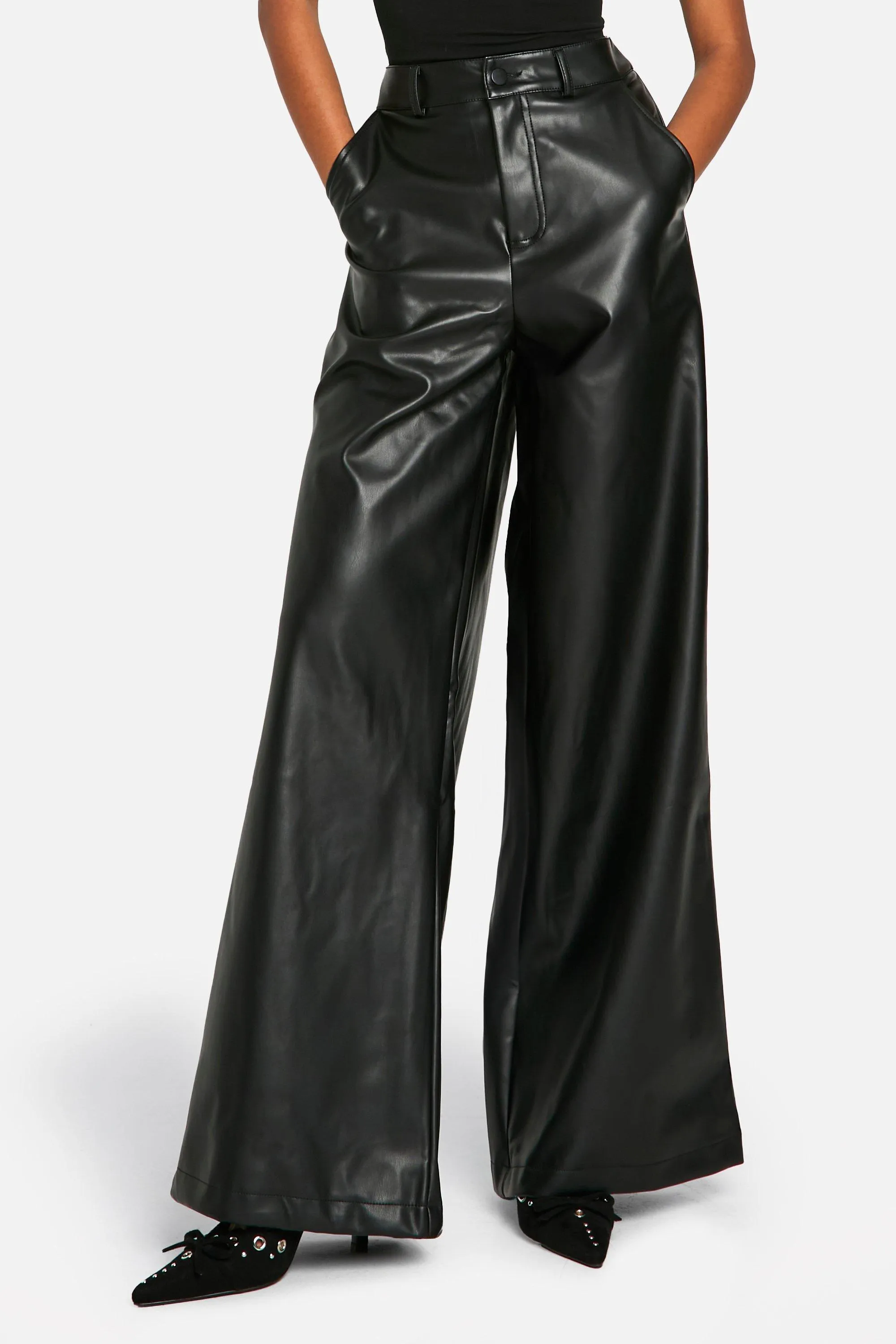 Wide Fit Leather Look Trousers by boohoo