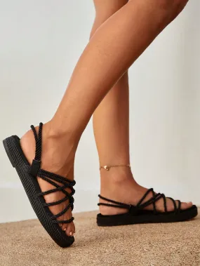 Women Slingback Flat Sandals - Black Cross Strap Fabric Sandals