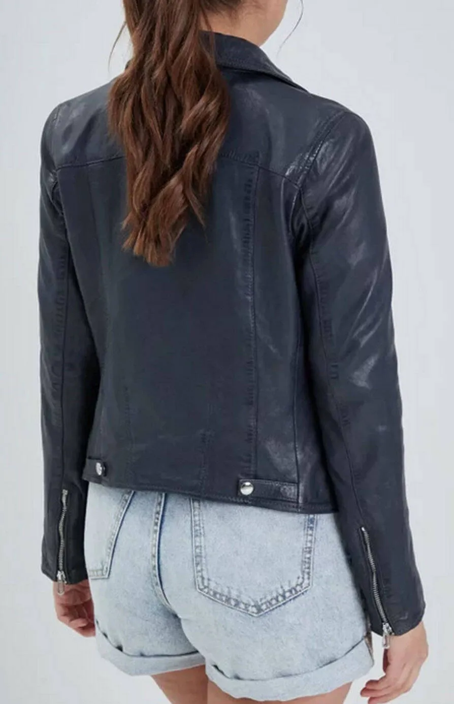 Women's Dark Navy Biker Style Leather Jacket Olympe