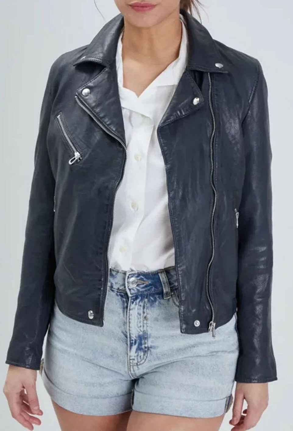 Women's Dark Navy Biker Style Leather Jacket Olympe