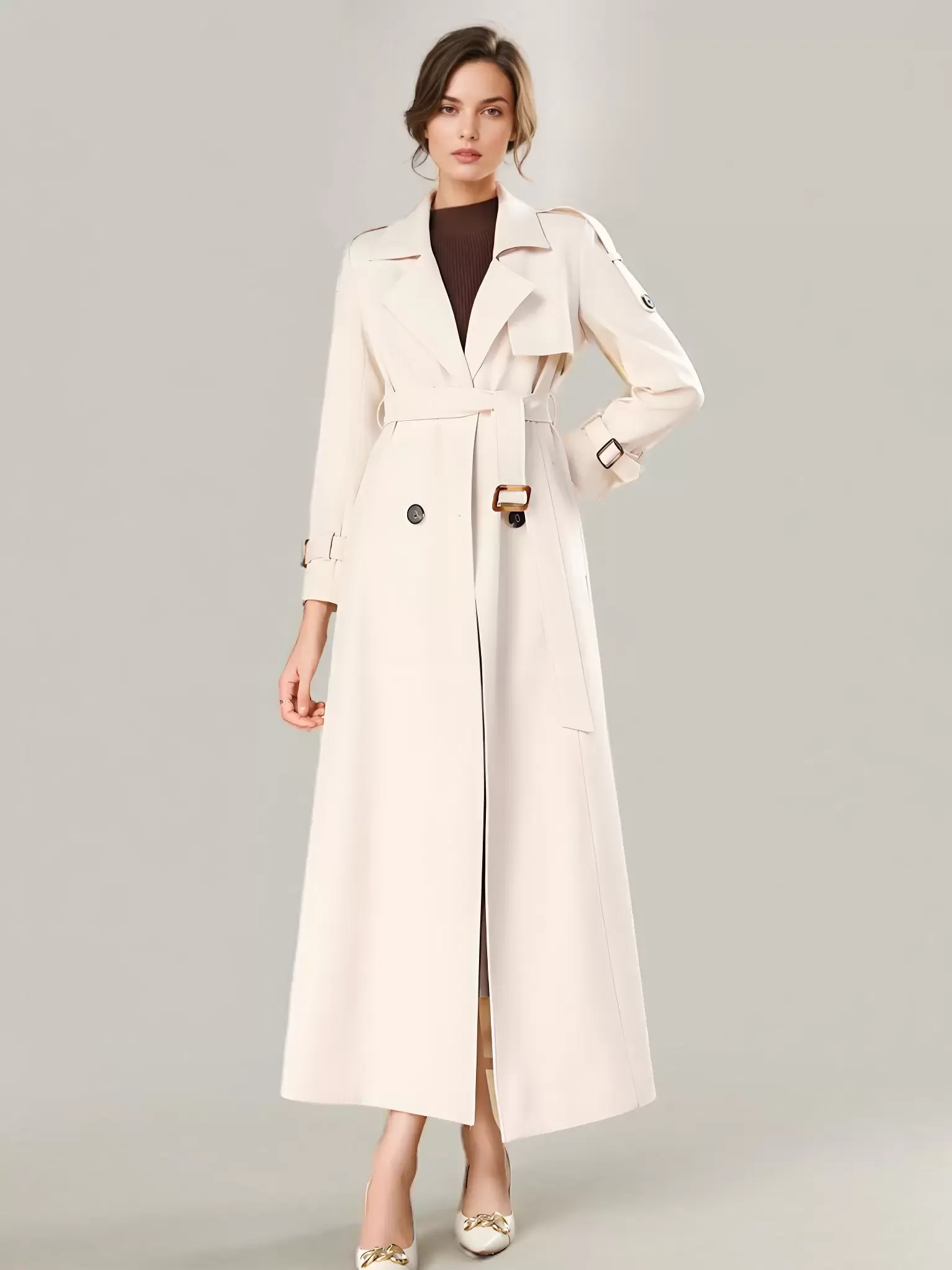 Women's Modern Trench Coat with Turndown Collar and Buttons - Full Length Coat