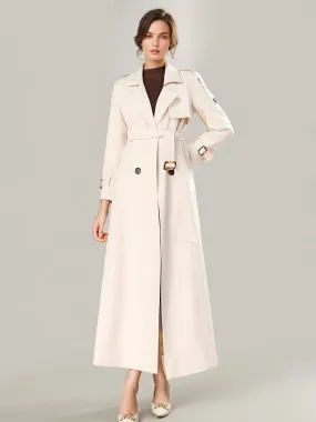 Women's Modern Trench Coat with Turndown Collar and Buttons - Full Length Coat