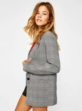 Women's Plaid Lapel Blazer Jacket with Long Sleeves - Outerwear