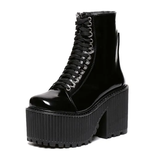 Women's Platform Ankle Boots Punk Gothic Style Lace-Up Black Chunky Boots