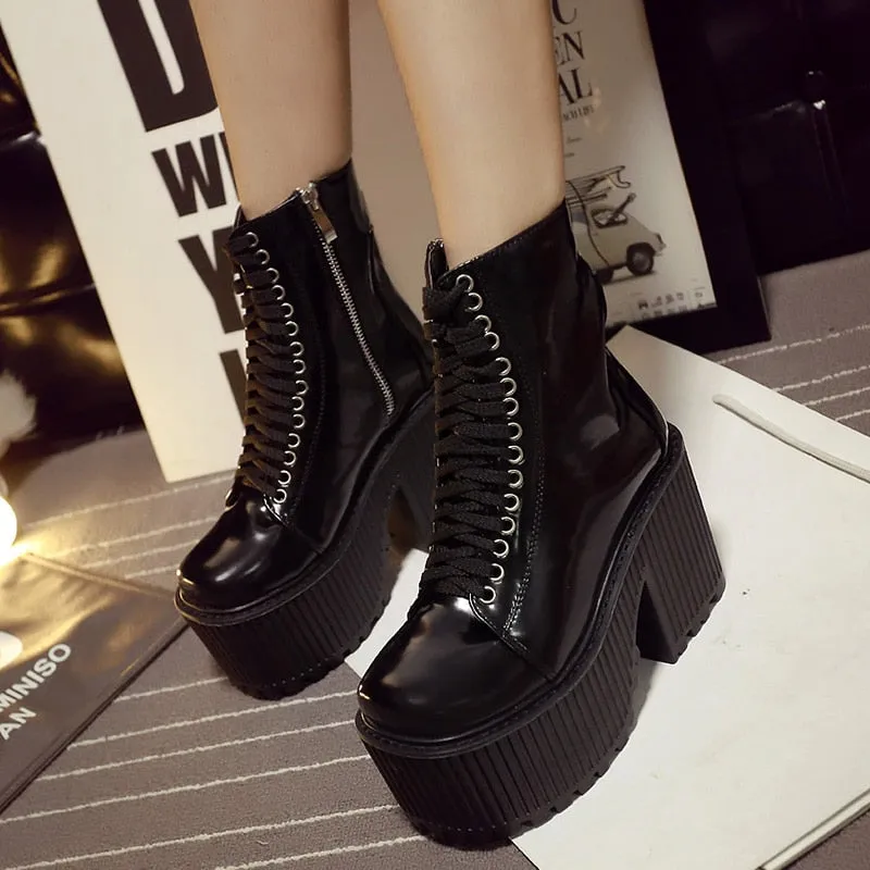 Women's Platform Ankle Boots Punk Gothic Style Lace-Up Black Chunky Boots