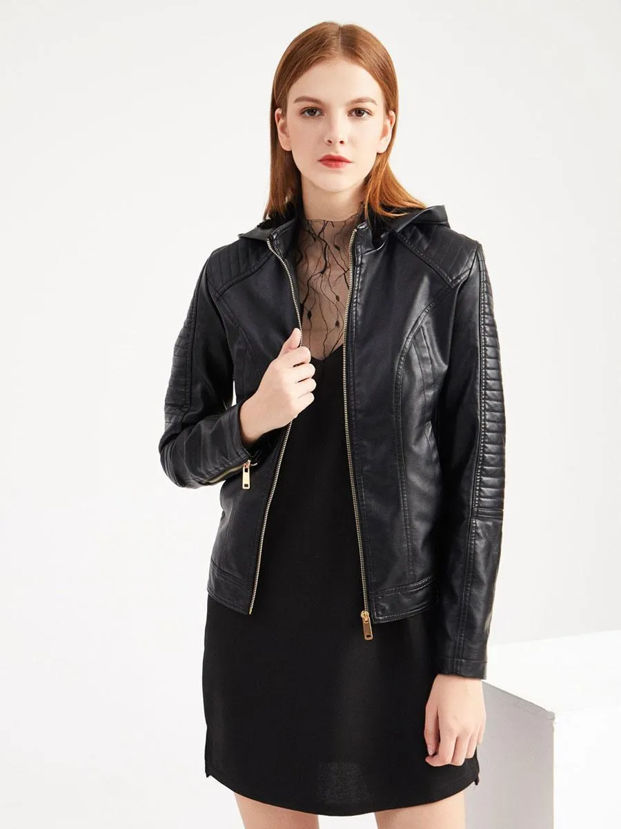 Women's PU Leather Moto Jacket with Hood - Stylish Spring Outerwear 2024