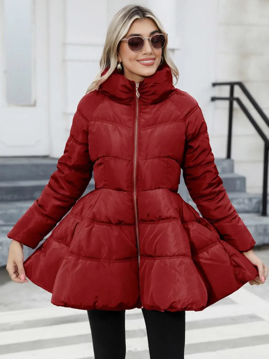 Women's Stand Collar Winter Coat with Zipper Pockets - Outerwear